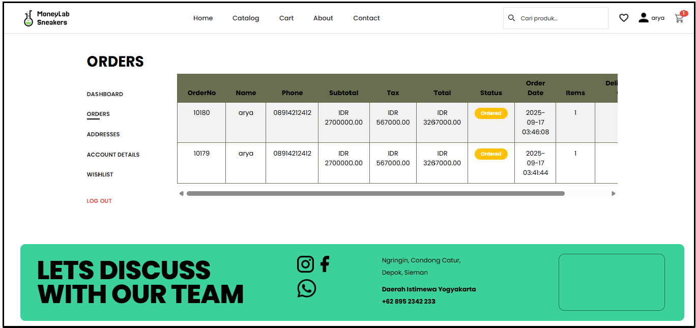 Moneylabs customer orders page preview